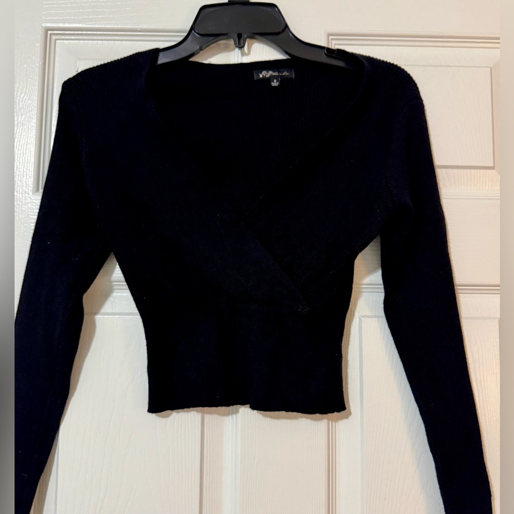 Black Ribbed Cropped Faux Wrapped Sweater